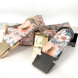 Personalized Laser Engraved Metal Folklore Floral Dog Collar, Quick Release Buckle, whimsical Peach and Green, Spring Wedding Girl Collar image 6