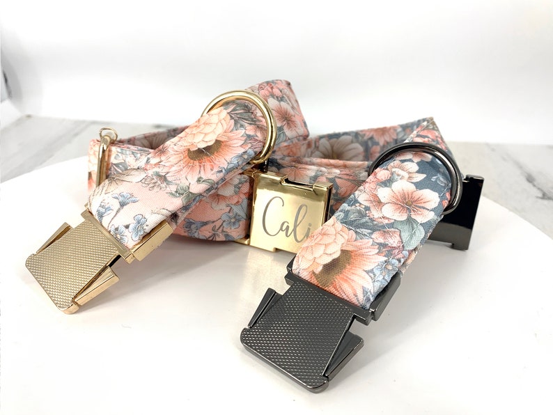 Personalized Laser Engraved Metal Folklore Floral Dog Collar, Quick Release Buckle, whimsical Peach and Green, Spring Wedding Girl Collar image 6