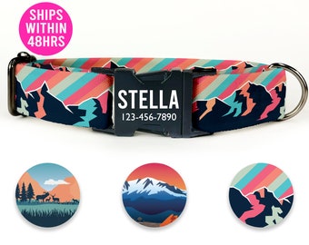 Colorful Mountain Range Dog Collar, Personalized Panorama Dog Collar, Custom engraved, Small Medium Large XLarge with Leash