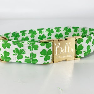 St Patrick's Day Dog Collar, Personalized Green Clover Collar with Metal Buckle, Custom Lucky Pet Neck Wear,