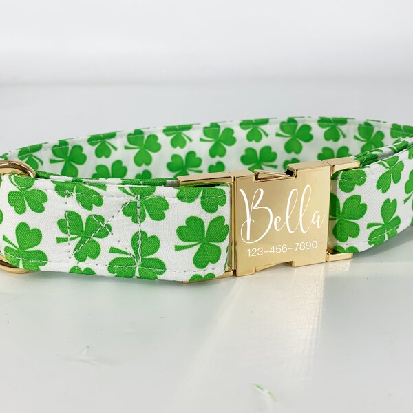 St Patrick's Day Dog Collar, Personalized Green Clover Collar with Metal Buckle, Custom Lucky Pet Neck Wear,