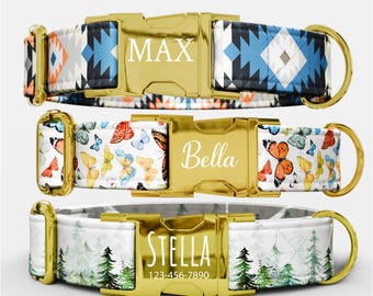 Personalized Dog Collar, Boy and Girl With Fabric and Leather Patch, Boho Pattern, Laser Engraved, Quick Release Buckle, Wedding Dog Collar