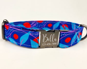 Personalized Floral Dog Collars, Laser Engraved Metal Summer Color Pop, Quick Release Buckle, Custom Pet Collar