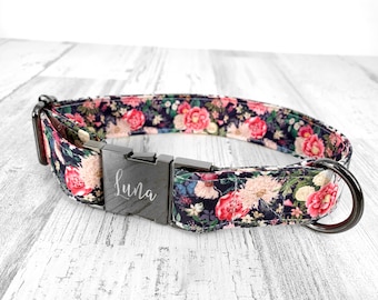 Personalized Dog Collars, Laser Engraved Metal Black Whimsical Floral Wide Dog Collar, Quick Release Buckle, Spring, Farmhouse