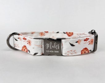 Personalized Boho Floral Dog Collar, bronze orange, Laser Engraved, Metal, Wild Floral, Quick Release Buckle, Spring, Whimsical