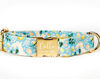 Personalized Easter Dog Collar ~ Pastel Easter Bunny Fabric Dog Collar ~ Custom blue and pink pet collar