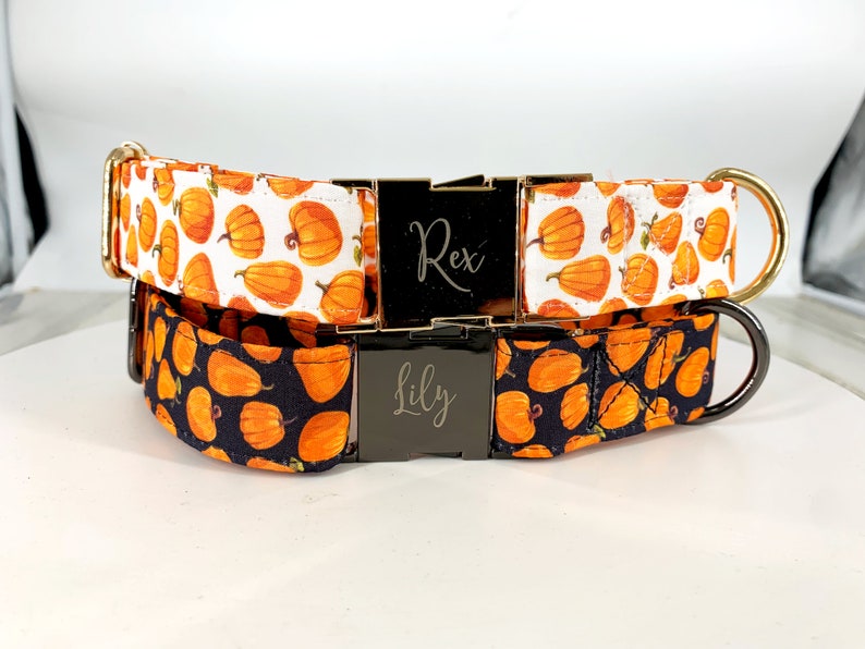 Pumpkin Dog Collar Personalized, Autumn design, fall Pet wear, Black and Orange. image 2