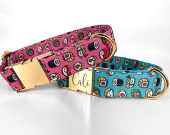 Personalized Laser Engraved Sushi Roll Dog Collar, Quick Release Metal Buckle, Fun Boy Girl Collar, Designer Colorful Pink and Blue, Sushi