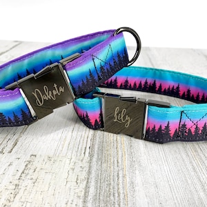 Personalized Aurora Mountain Dog Collar w/ Metal Buckle, Night Sky, Landscape HAND MADE Pet collar, Northern Lights, Stainless Steel