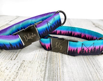 Personalized Aurora Mountain Dog Collar w/ Metal Buckle, Night Sky, Landscape HAND MADE Pet collar, Northern Lights, Stainless Steel