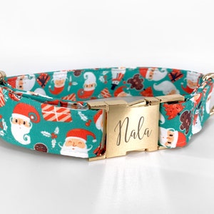 Christmas Santa Dog Collar Personalized with Metal Buckle, Festive Holiday, Snowman, Red, Green, Blue, Ginger Bread, Custom Engraved