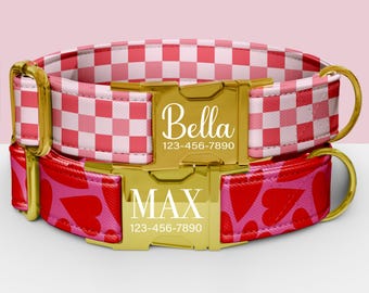 Valentines Pink Personalized Dog Collar, Heart Print Pattern Collar with Customization, Matching Leash Available TP-101
