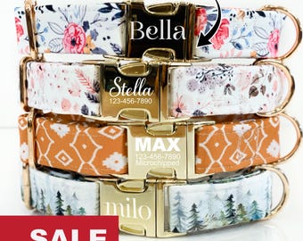 Personalized Dog Collar, With Leather Patch, Boho Pattern, Laser Engraved, Quick Release Buckle