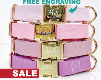Pink Dog Collar with Engraved Name, Custom Velvet Dog Collar for Girl Dog, Luxury Pet Puppy Collar for Small Dogs, Engraved Gold Metal TP-15