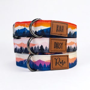 Personalized Mountain Dog Collar, With Fabric and Leather Patch, Tree Line, Laser Engraved, Quick Release Buckle