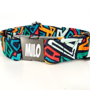 Personalized Laser Engraved Graffiti Style Collar, Quick Release Metal Buckle, Designer Colorful Collars, Pop Skateboard, Street Art