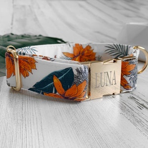 Personalized Laser Engraved Tropical Dog Collar, Quick Release Metal Buckle, Boho Cotton, Wedding Collar, Designer Floral Collars, Bromeliad