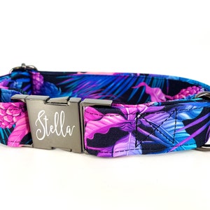 Personalized Laser Engraved Neon Night Floral Collar, Quick Release Metal Buckle, Wedding Collar, Colorful, Designer Whimsical Floral
