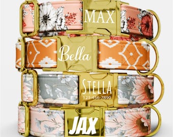 Personalized Floral Dog Collar, With Fabric and Leather Patch, Boho Pattern, Laser Engraved, Quick Release Buckle, Girl Wedding Dog Collar