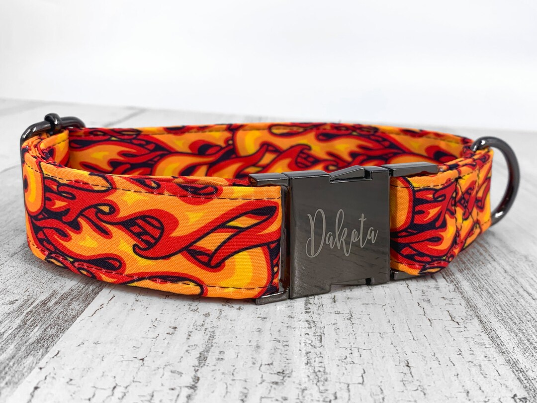 Personalized Flame Dog Collar, Fire Laser Engraved Metal Dog Collar
