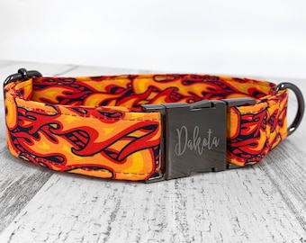 Flames Terris Dog Collar custom made adjustable Black Orange Harley Fire fighter 