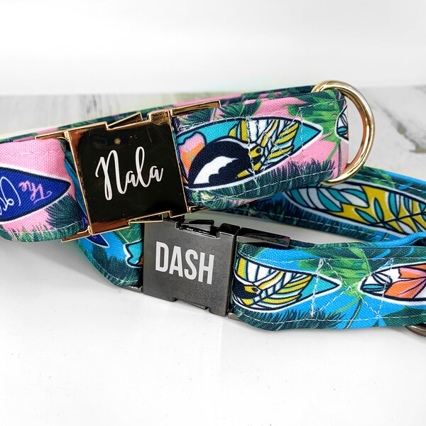 Personalized Laser Engraved Surf Board Dog Collar, Hawaii Style, Quick Release Metal Buckle, Palm Tree, Pink and Blue, Boy Girl, California