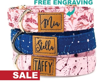 Personalized Starry Night Dog Collar, Custom Dog Collar with Name, Moon Print Dog Collar, Cute Girl Boy Dog Collars, Rose Gold Silver Buckle