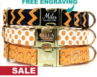 Bumble Bee Dog Collar Personalized, Custom Collar with Name, Bee and Honey Print Dog Collar, Matching Leash Set, Engraved Metal Buckle TP-16