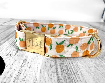 Personalized Laser Engraved Peach Dog Collar, Spring Style, Quick Release Metal Buckle, Fruit Styles, Peach Collar