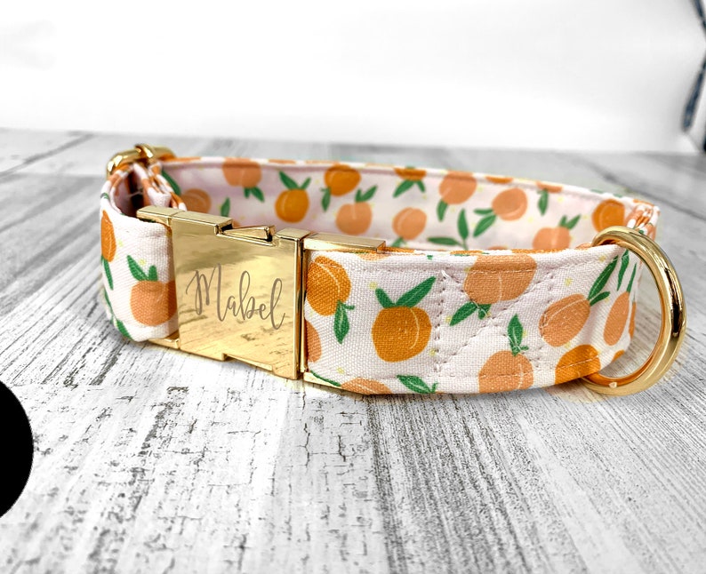 Personalized Laser Engraved Peach Dog Collar, Spring Style, Quick Release Metal Buckle, Fruit Styles, Peach Collar 