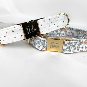 Personalized Laser Engraved Metal Wedding Floral Dog Collar, Quick Release Buckle, whimsical and Blush Polka Dot, Spring Wedding Girl Collar