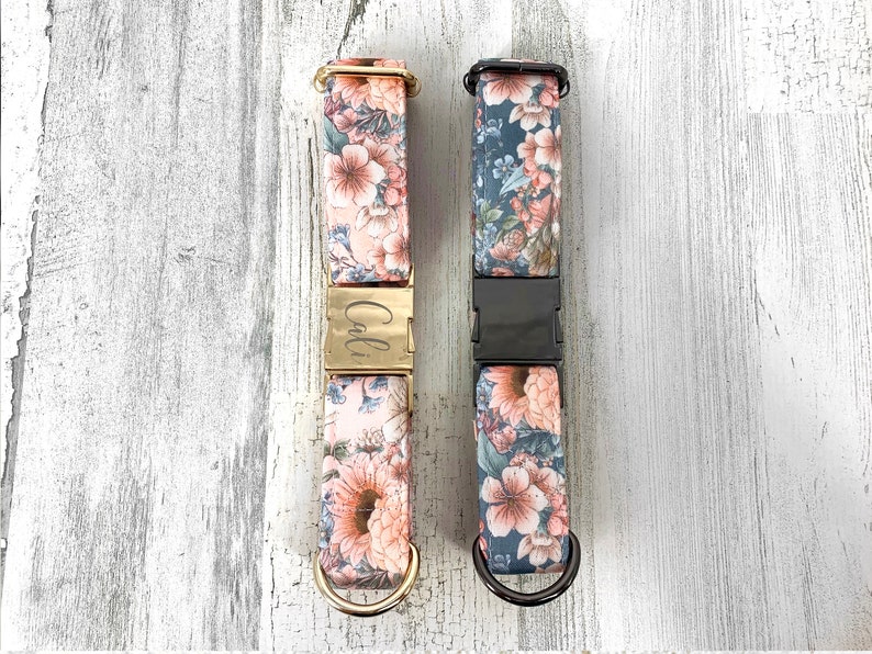 Personalized Laser Engraved Metal Folklore Floral Dog Collar, Quick Release Buckle, whimsical Peach and Green, Spring Wedding Girl Collar image 7