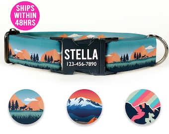 Panorama Dog Collar, Personalized Mountain Dog Collar, Custom engraved, Small Medium Large XLarge with Leash