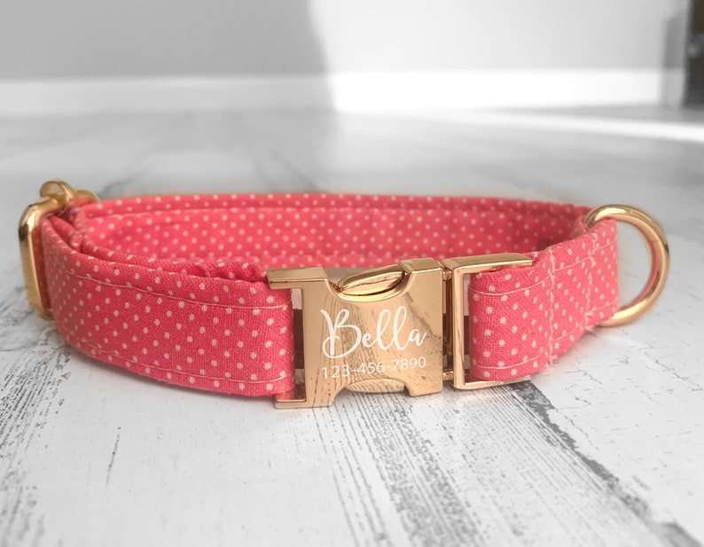 1 Inch Width Personalized Dog Collar, Laser Engraved Metal Quick Release Buckle, Pink Cotton Voile Styles, Designer Collar DDC03 