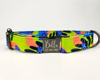 Personalized Floral Dog Collars, Laser Engraved Metal Summer Color Pop, Quick Release Buckle, Custom Pet Collar