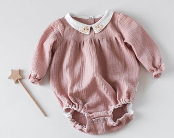 Newborn Girl Cotton Romper With Collar, Long Sleeve Baby Pastel Bubble, Overall for Little Girl With Peter Pan Collar