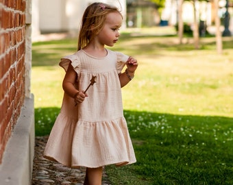 Girls Summer Dress, Boho Baby Muslin Sundress, Soft Muslin Summer Baby Dress