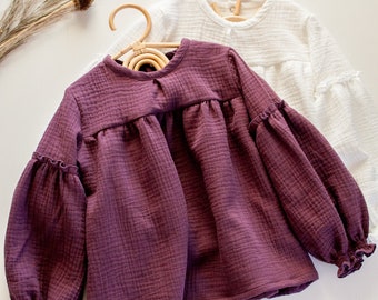 Baby Purple Fall Blouse, Toddler Girl Muslin Top, Boho Baby Gingham Top, Baby Girl Neutral Blouse