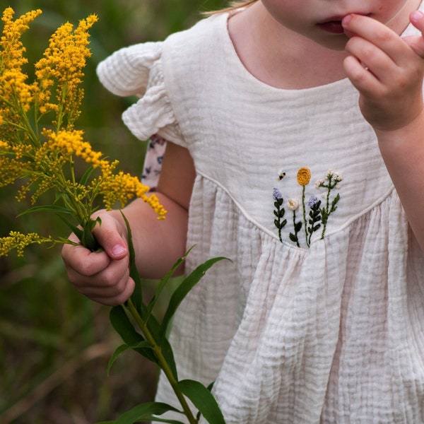 Natural Muslin Baby Girl Dress, Girls Muslin Summer Dress With Flowers, Baby Girl Boho Dress,  Little Girl Cute Muslin Dress