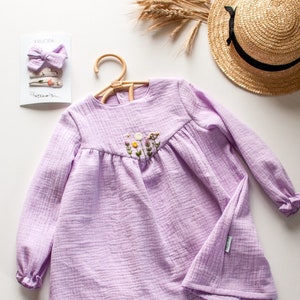 Natürliches Musselin Kleid Für Kleine Mädchen, Blumenmädchen Musselin Sommer Kleid, Weißes Baby Mädchen Taufe Kleid Lilac