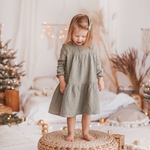 Girls Simple Boho Cotton Autumn Dress, Baby Burnt Orange Muslin Fall Dress, Smocked Baby Long Sleeved Winter Dress Olive