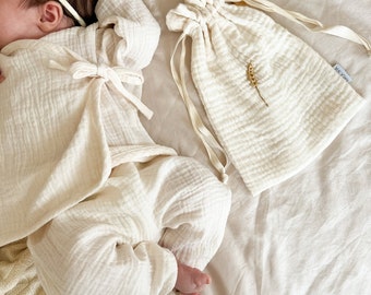 Neutrale kimono wrap pasgeboren cadeaupakket, baby biologische mousseline shirt & broek set, cadeau-ideeën voor de eerste keer moeder, babymeisjeskleding