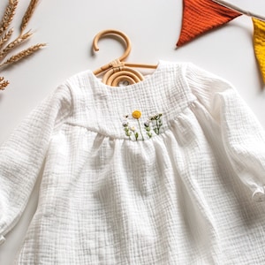 Natürliches Musselin Kleid Für Kleine Mädchen, Blumenmädchen Musselin Sommer Kleid, Weißes Baby Mädchen Taufe Kleid White
