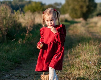 Vestido borgoña niña, vestido de algodón rojo para niñas pequeñas, vestido de óxido de Navidad para bebés, vestido borgoña de niña de flores