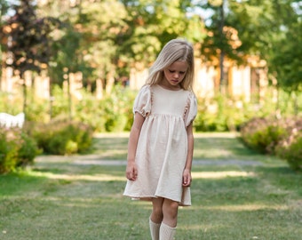 Muslin Puffy Sleeves Girl Dress, Beige Boho Muslin Girls Dress, Bohemian Girl Dress