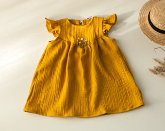 Yellow Muslin Baby Girl Dress, Girls Summer Dress With Embroidered Bees, Elegant Baby Girl Boho Dress, 1st Birthday Girl Summer Wear