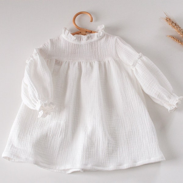 Robe de baptême pour bébé à manches longues bouffantes, robe d'été blanche pour fille bénie à volants, robe bohème pour tout-petit, vêtements pour bébé fille