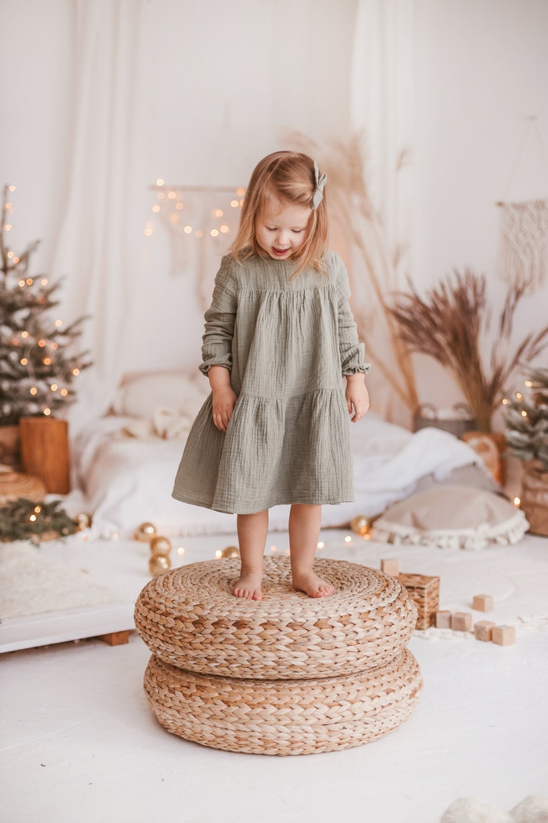 Girls Simple Boho Cotton Autumn Dress, Baby Burnt Orange Muslin Fall Dress, Smocked Baby Long Sleeved Winter Dress Olive