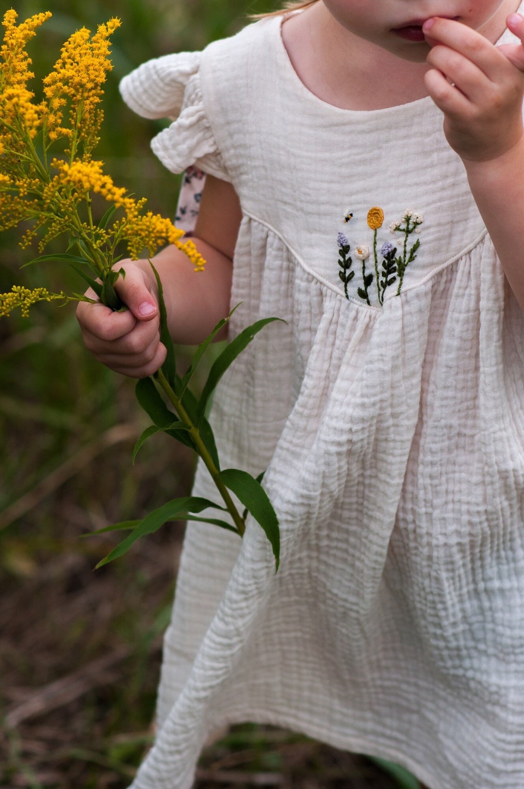 Natural Muslin Baby Girl Dress, Girls Muslin Summer Dress With Flowers