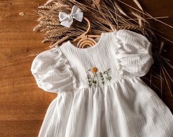 White puffed sleeves, muslin girl dress, natural boho baptism, embroidered flowers, bohemian toddler short sleeves summer dress